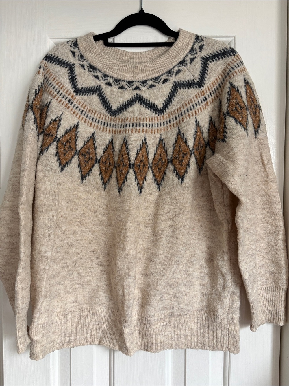 croft & barrow Cream Fair Isle Crewneck Sweater with Mustard & Charcoal Accents